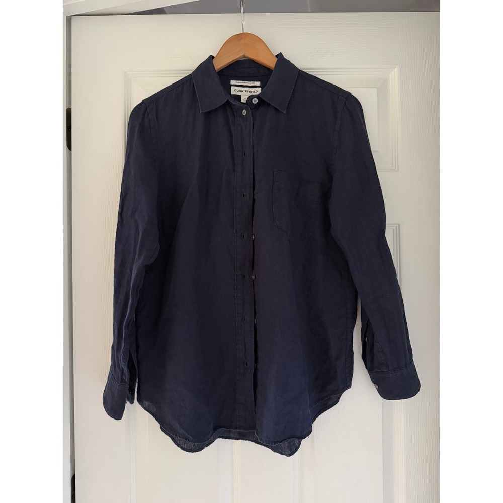 Country Road Navy French Linen Womens Button Down Top Coastal Grandma Minimalist